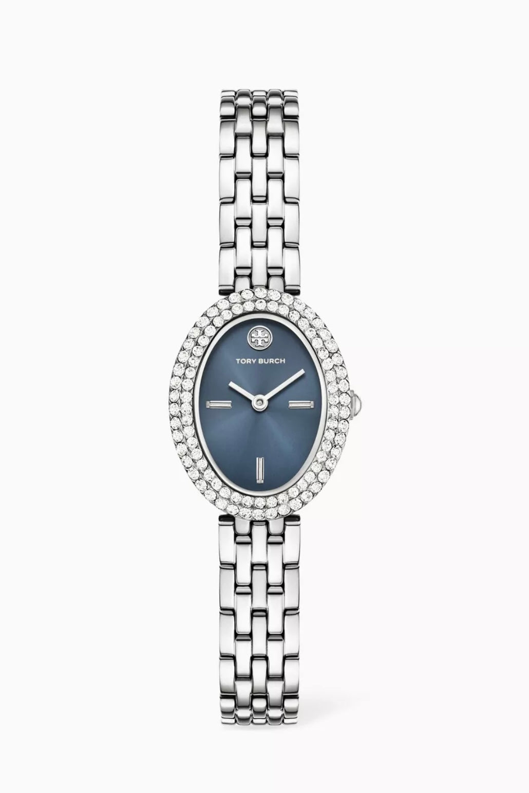 Tory Burch Oval Crystal Bezel Bracelet Watch (Silver-Navy)