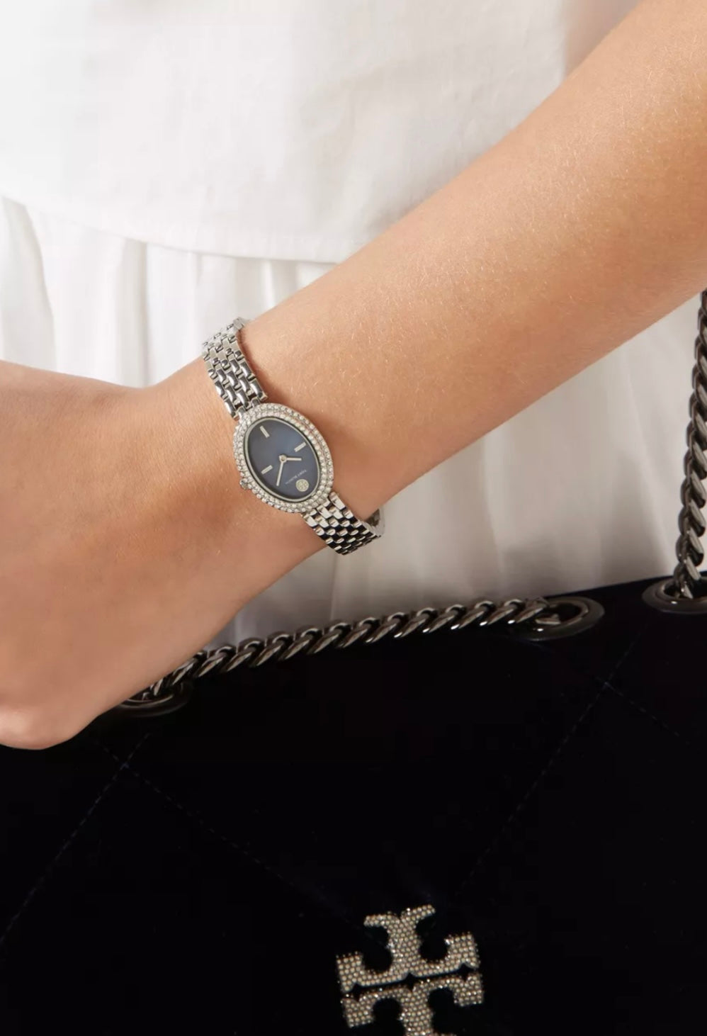 Tory Burch Oval Crystal Bezel Bracelet Watch (Silver-Navy)