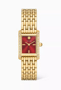 Tory Burch Mini Eleanor Rectangular Gold-Tone Watch With Crystals (Red Dial)