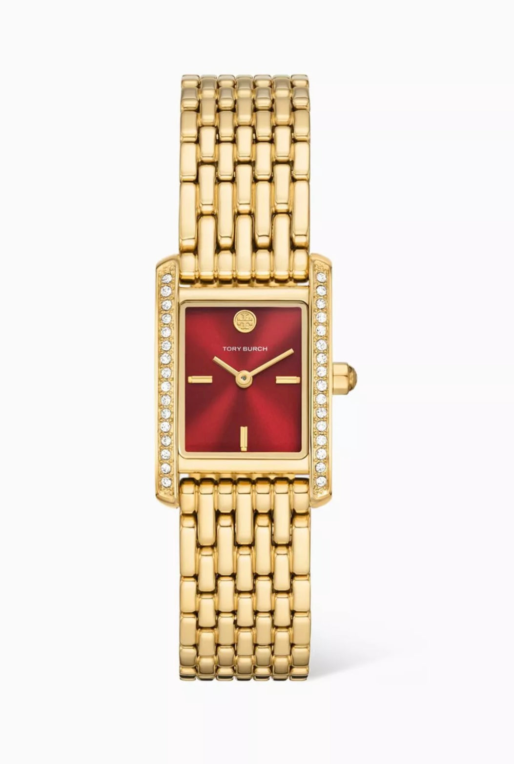 Tory Burch Mini Eleanor Rectangular Gold-Tone Watch With Crystals (Red Dial)