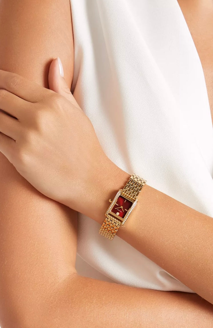 Tory Burch Mini Eleanor Rectangular Gold-Tone Watch With Crystals (Red Dial)