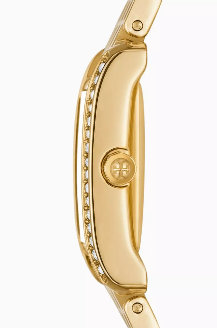 Tory Burch Mini Eleanor Rectangular Gold-Tone Watch With Crystals (Red Dial)