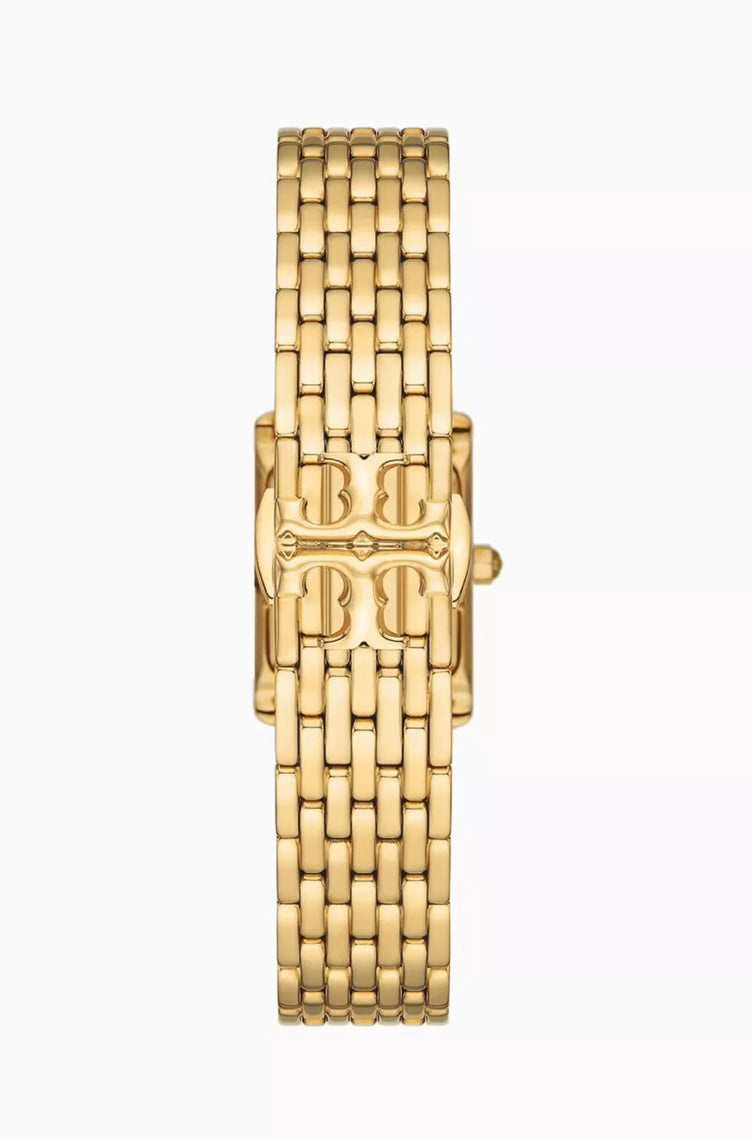 Tory Burch Mini Eleanor Rectangular Gold-Tone Watch With Crystals (Red Dial)