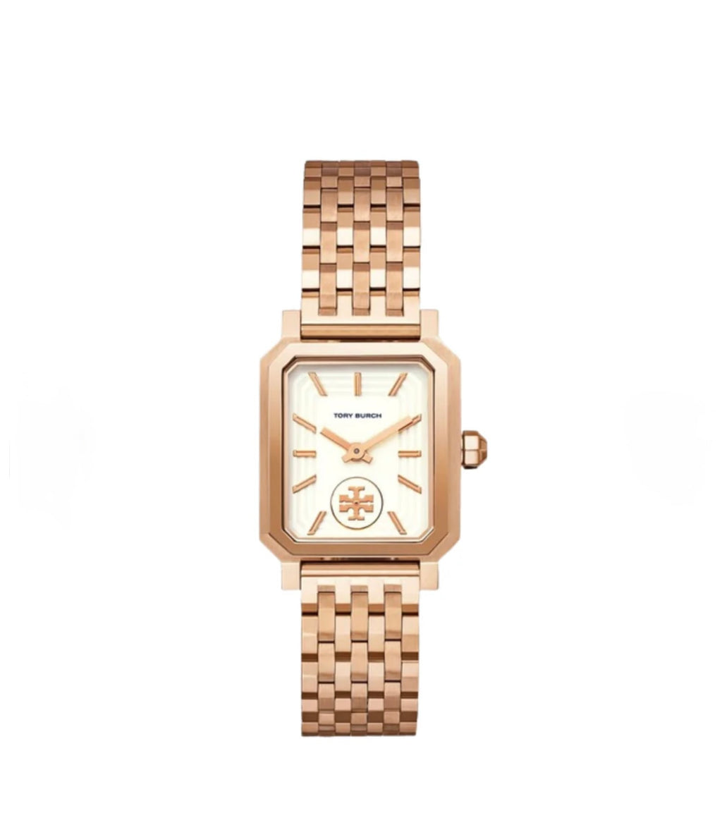 Tory Burch Robinson Rectangular Rose Gold Watch (Ivory Dial)