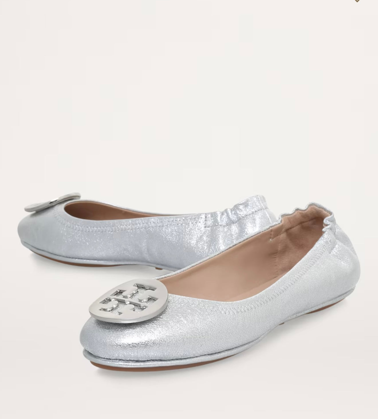 Tory Burch Metallic Leather Minnie Travel Ballet Flats  Silver
