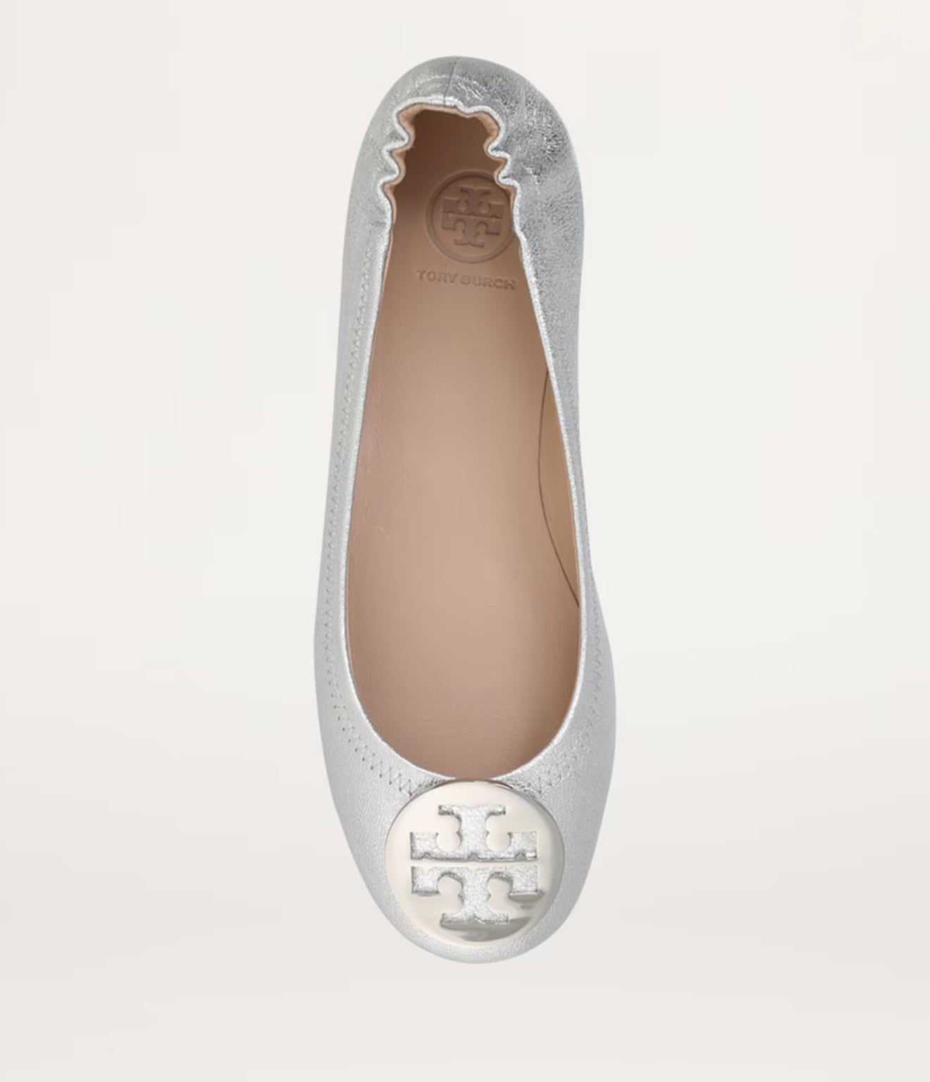 Tory Burch Metallic Leather Minnie Travel Ballet Flats  Silver