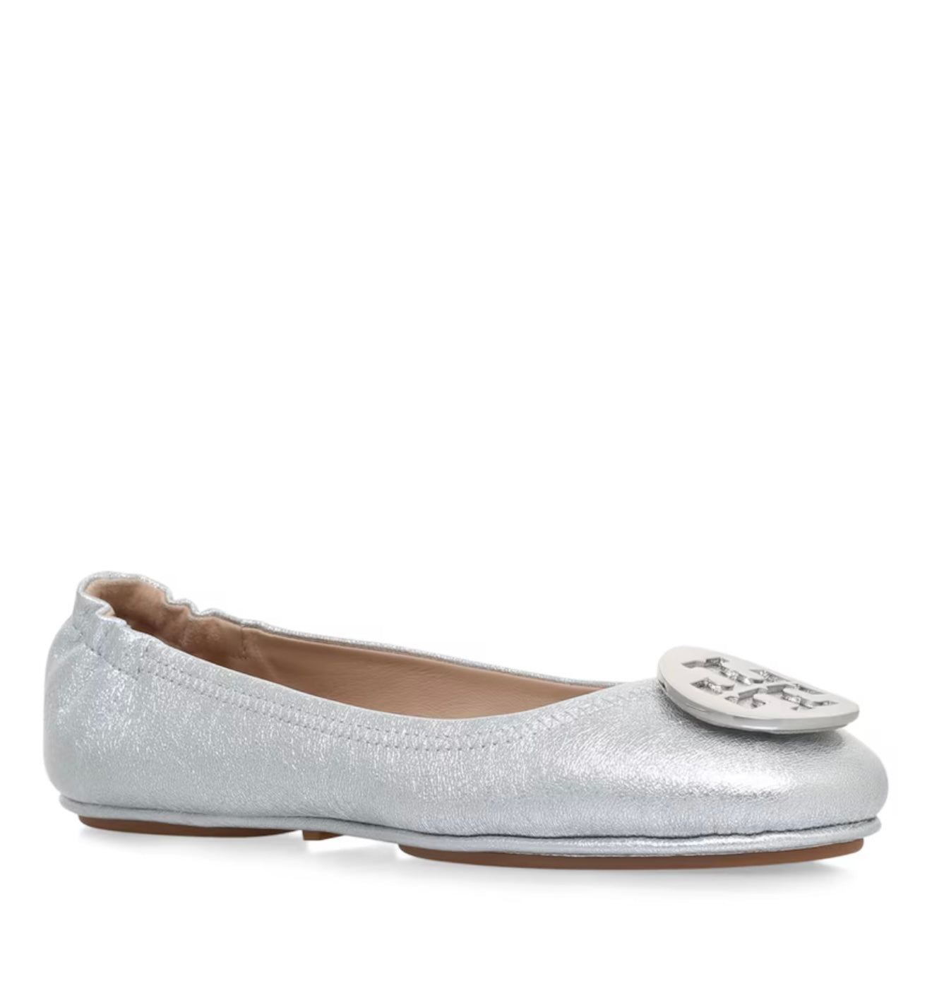 Tory Burch Metallic Leather Minnie Travel Ballet Flats  Silver