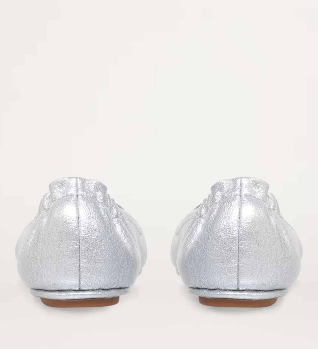 Tory Burch Metallic Leather Minnie Travel Ballet Flats  Silver