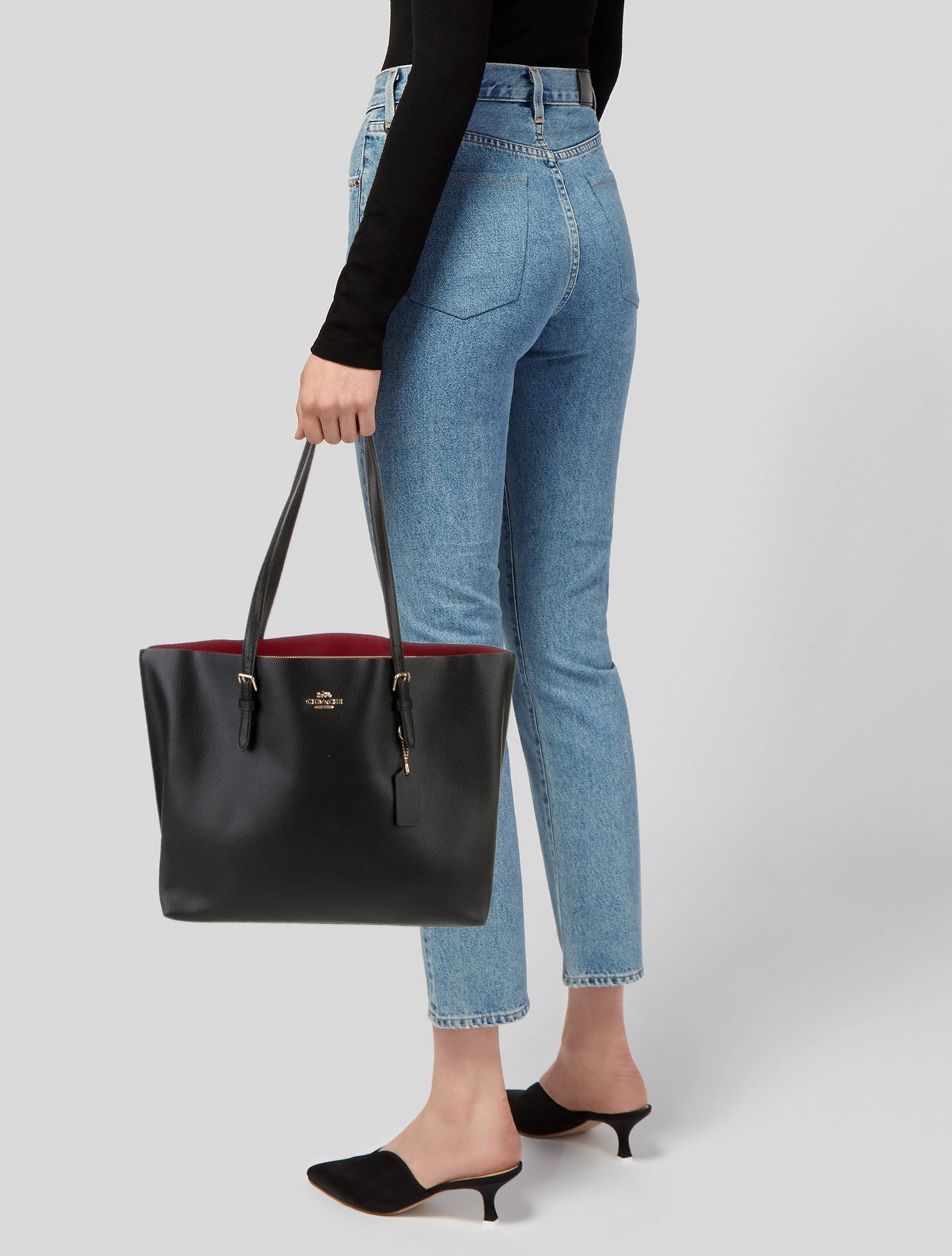 Coach Mollie Tote 25 in Black Refined Grain Leather With Red Interior