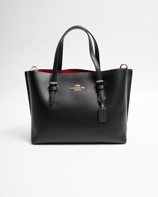 Coach Mollie Tote 25 in Black Refined Grain Leather With Red Interior